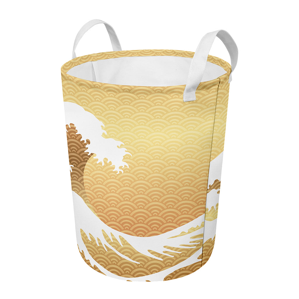 Golden Kanagawa Wave Print Round Laundry Basket