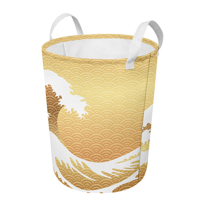 Golden Kanagawa Wave Print Round Laundry Basket