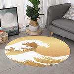 Golden Kanagawa Wave Print Round Rug