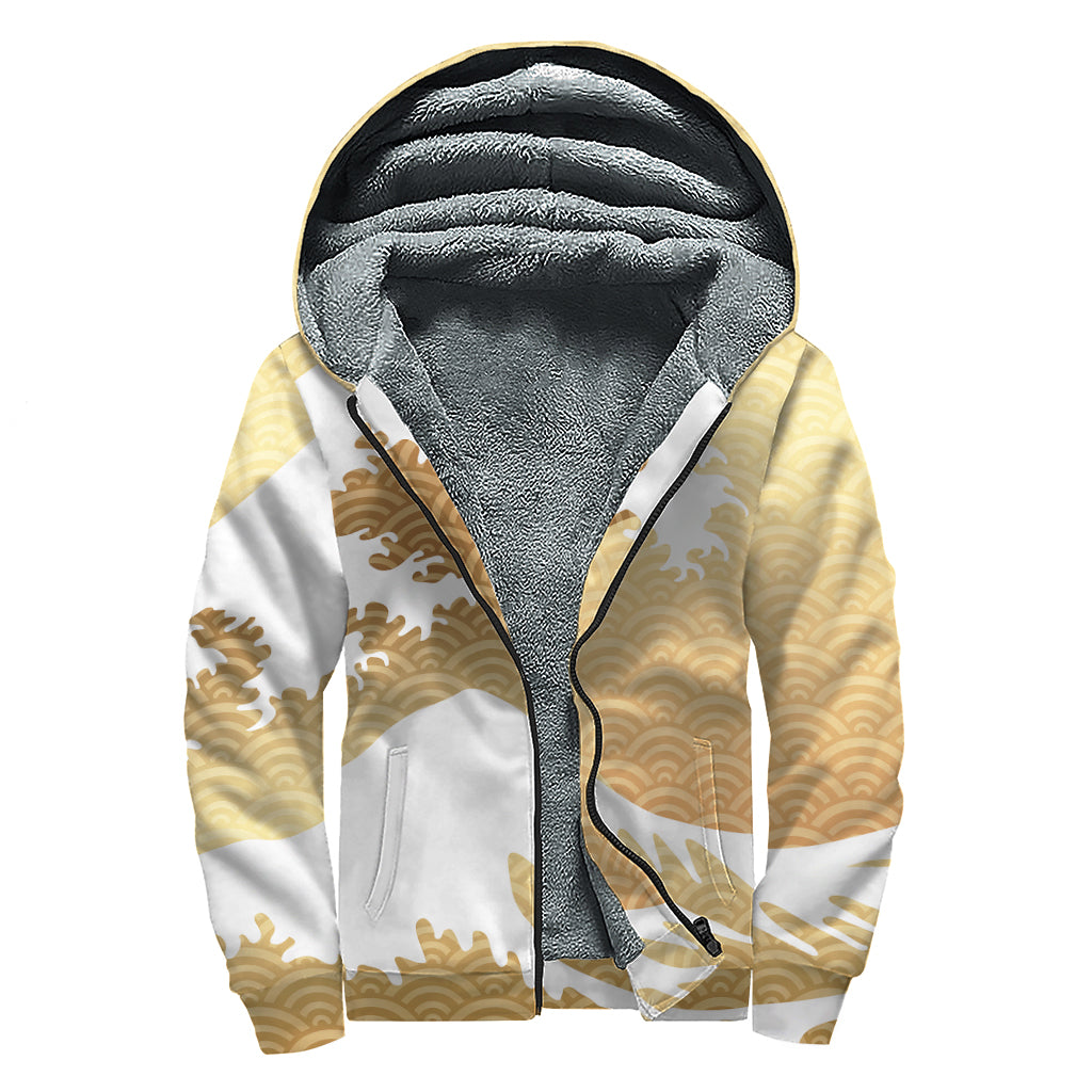 Golden Kanagawa Wave Print Sherpa Lined Zip Up Hoodie