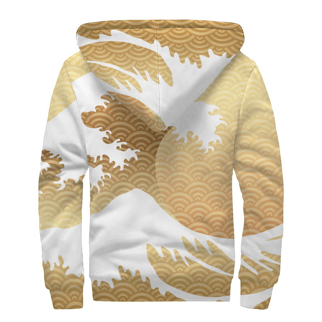 Golden Kanagawa Wave Print Sherpa Lined Zip Up Hoodie