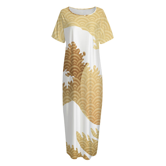 Golden Kanagawa Wave Print Short Sleeve Long Nightdress