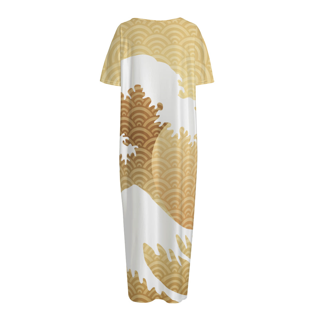 Golden Kanagawa Wave Print Short Sleeve Long Nightdress