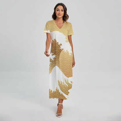 Golden Kanagawa Wave Print Short Sleeve Maxi Dress