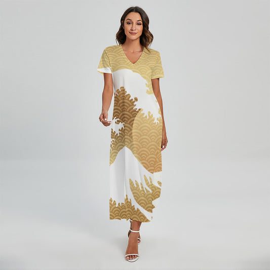 Golden Kanagawa Wave Print Short Sleeve Maxi Dress