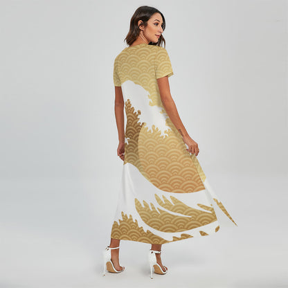 Golden Kanagawa Wave Print Short Sleeve Maxi Dress