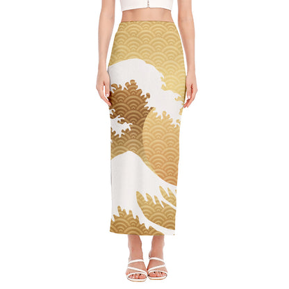 Golden Kanagawa Wave Print Side Slit Maxi Skirt