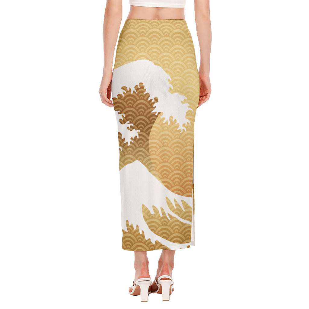 Golden Kanagawa Wave Print Side Slit Maxi Skirt