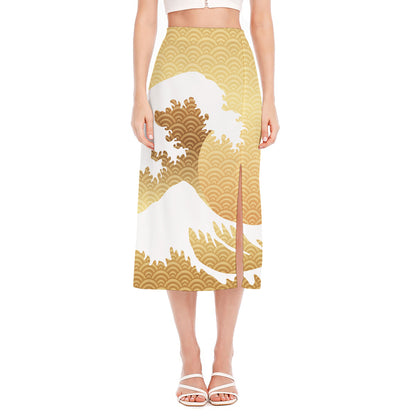 Golden Kanagawa Wave Print Side Slit Midi Skirt