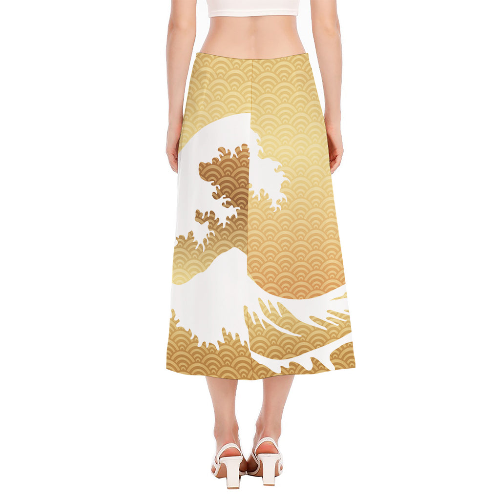 Golden Kanagawa Wave Print Side Slit Midi Skirt