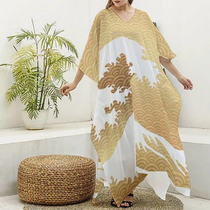 Golden Kanagawa Wave Print Silk V-Neck Kaftan Dress