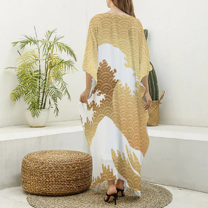 Golden Kanagawa Wave Print Silk V-Neck Kaftan Dress