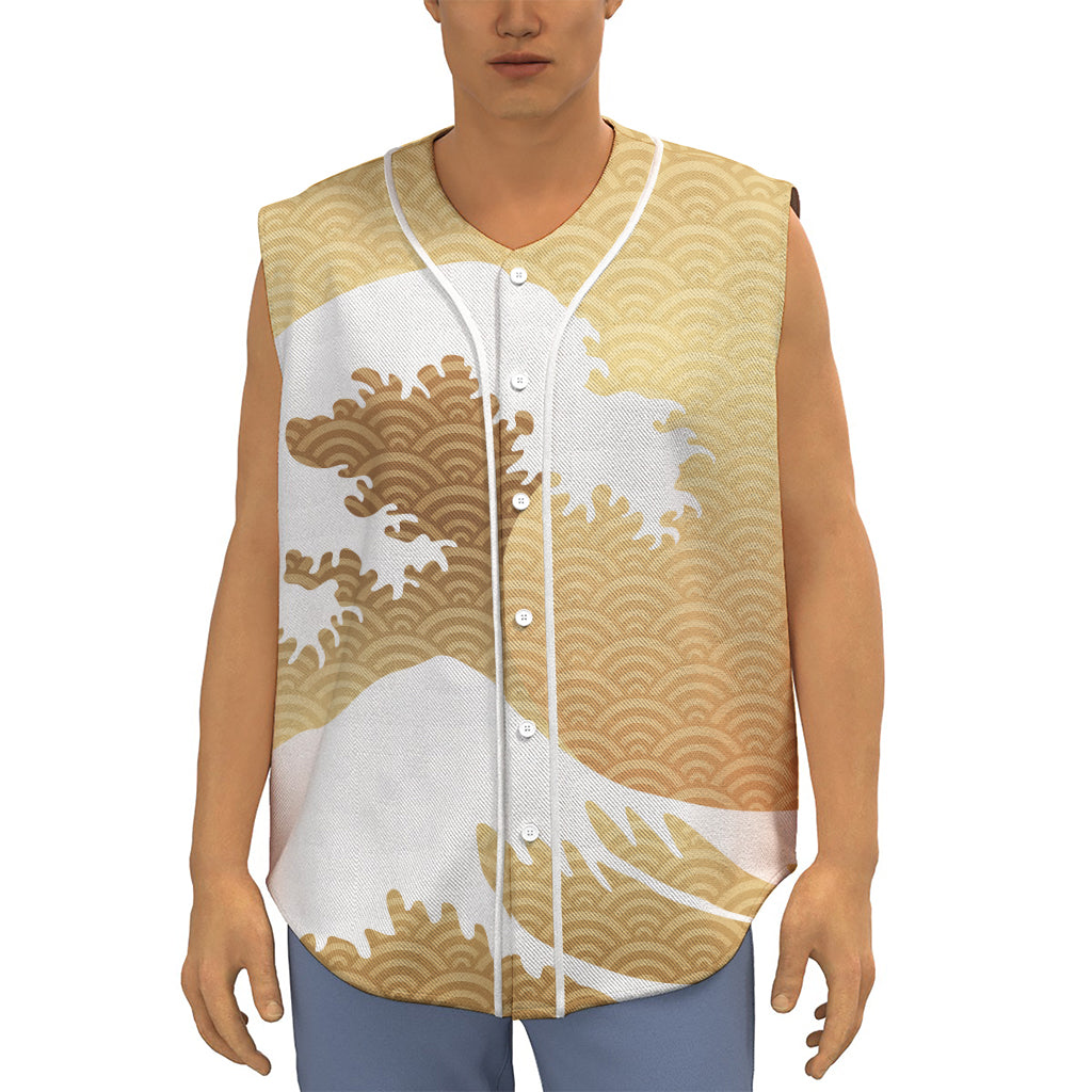 Golden Kanagawa Wave Print Sleeveless Baseball Jersey