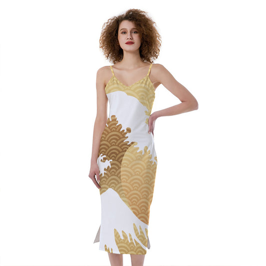 Golden Kanagawa Wave Print Slim Fit Midi Cami Dress