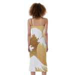 Golden Kanagawa Wave Print Slim Fit Midi Cami Dress