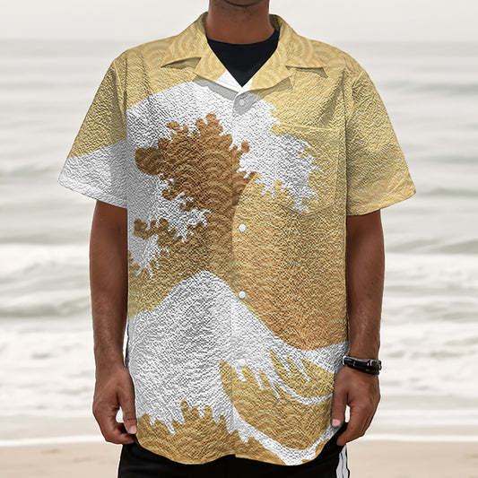 Golden Kanagawa Wave Print Textured Short Sleeve Shirt