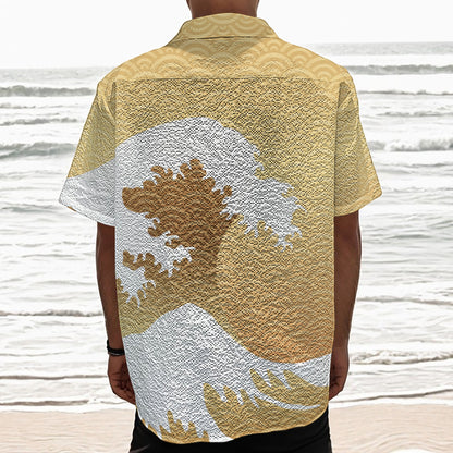 Golden Kanagawa Wave Print Textured Short Sleeve Shirt