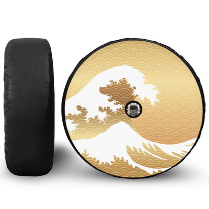 Golden Kanagawa Wave Print Tire Cover With Camera Hole