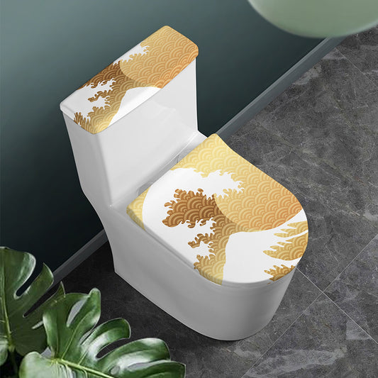 Golden Kanagawa Wave Print Toilet Lid And Tank Cover Set