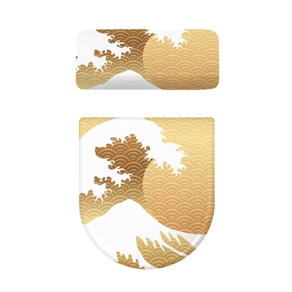 Golden Kanagawa Wave Print Toilet Lid And Tank Cover Set