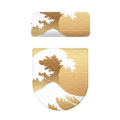 Golden Kanagawa Wave Print Toilet Lid And Tank Cover Set