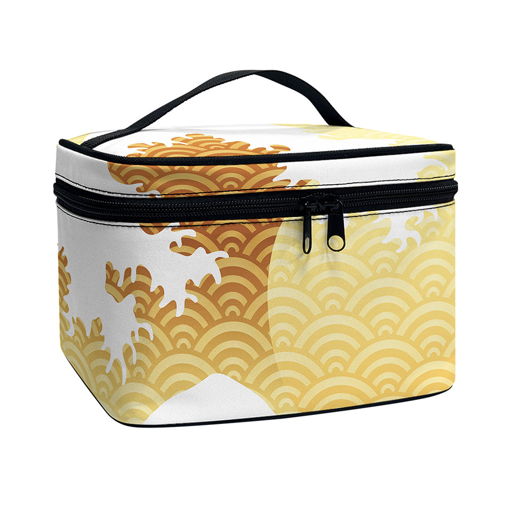 Golden Kanagawa Wave Print Travel Makeup Bag