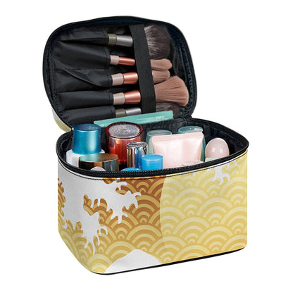 Golden Kanagawa Wave Print Travel Makeup Bag
