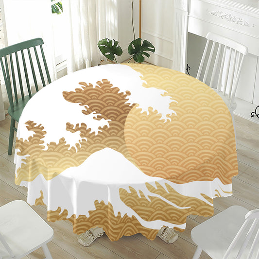 Golden Kanagawa Wave Print Waterproof Round Tablecloth