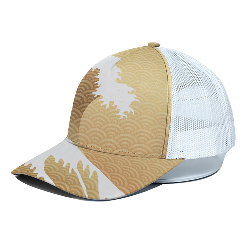 Golden Kanagawa Wave Print White Mesh Trucker Cap