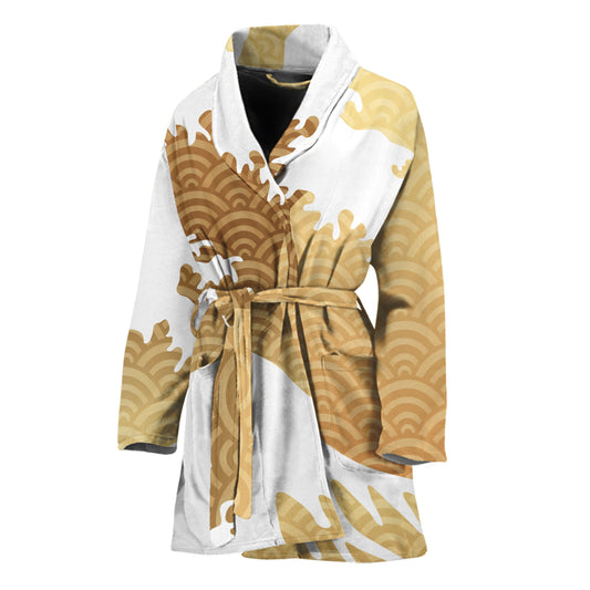 Golden Kanagawa Wave Print Women's Bathrobe