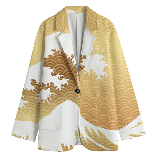 Golden Kanagawa Wave Print Women's Blazer