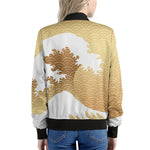 Golden Kanagawa Wave Print Women's Bomber Jacket