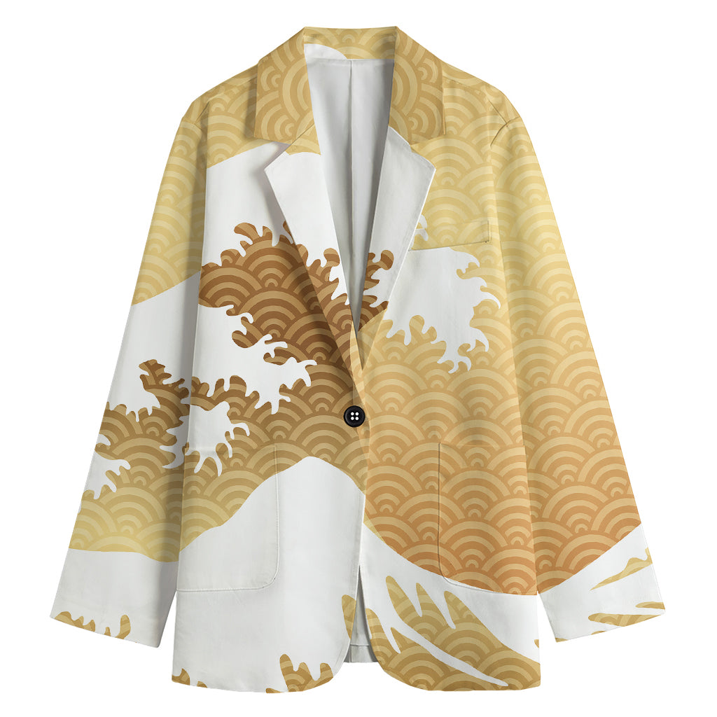 Golden Kanagawa Wave Print Women's Cotton Blazer