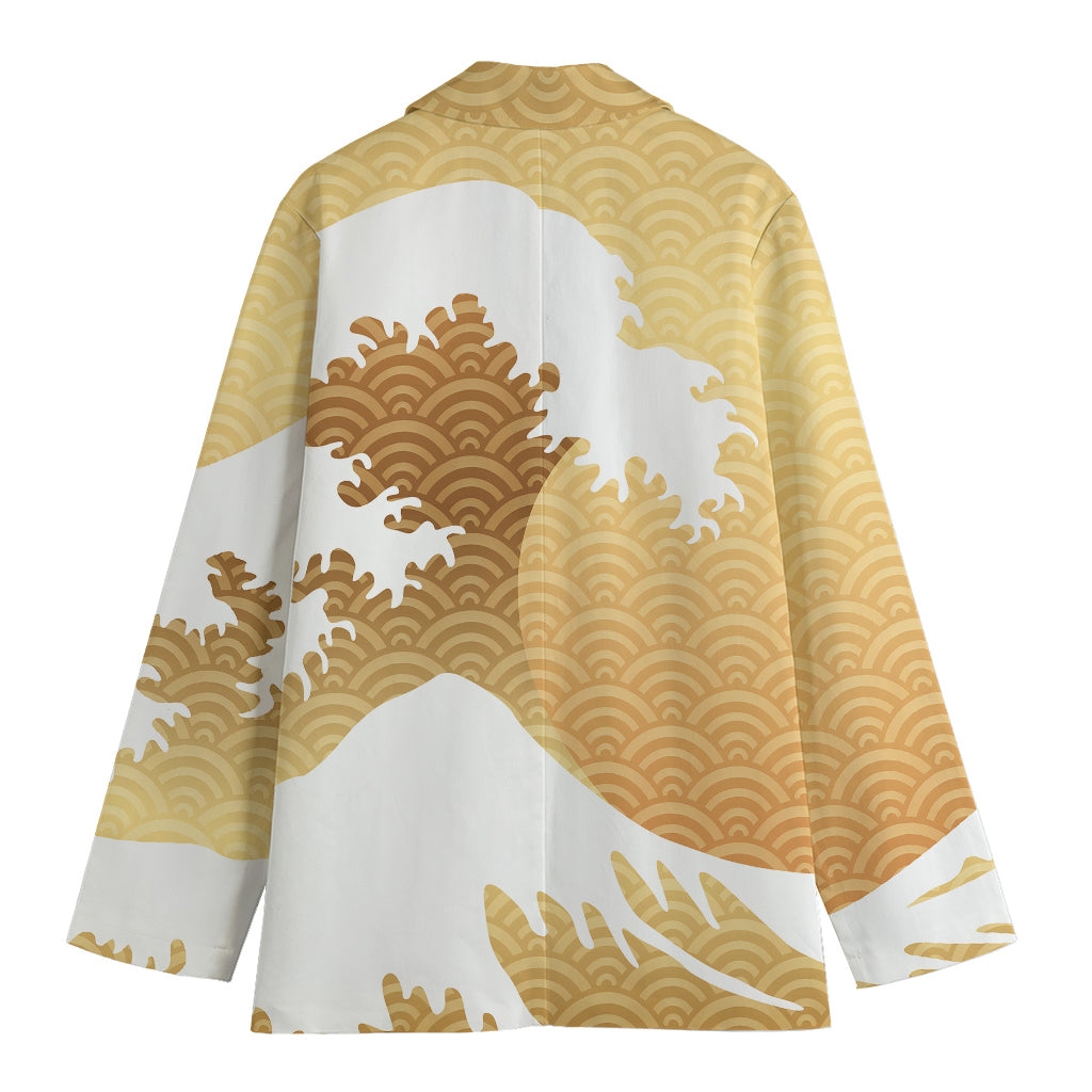 Golden Kanagawa Wave Print Women's Cotton Blazer
