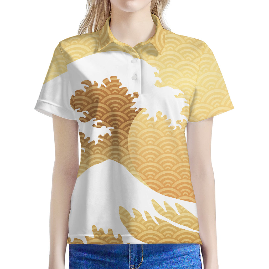 Golden Kanagawa Wave Print Women's Polo Shirt