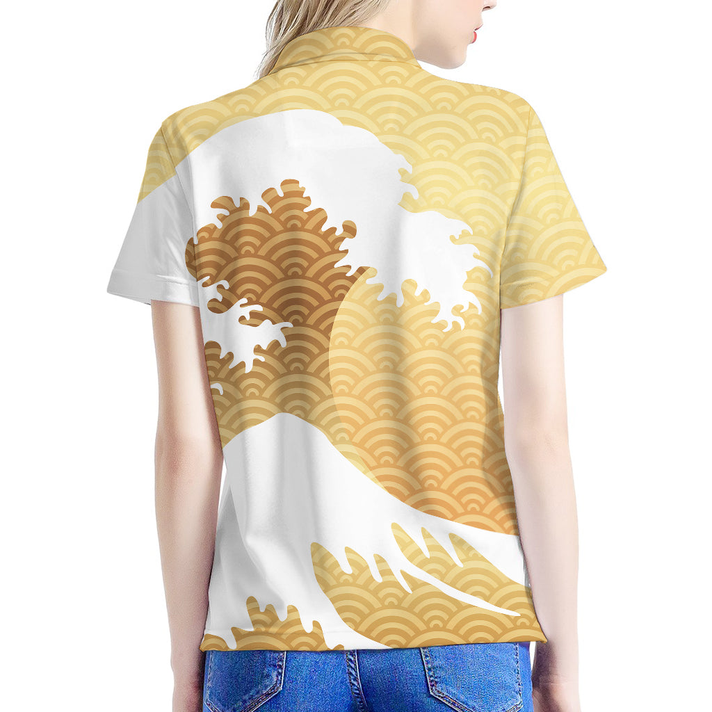 Golden Kanagawa Wave Print Women's Polo Shirt