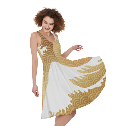 Golden Kanagawa Wave Print Women's Sleeveless Dress