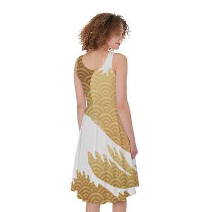 Golden Kanagawa Wave Print Women's Sleeveless Dress