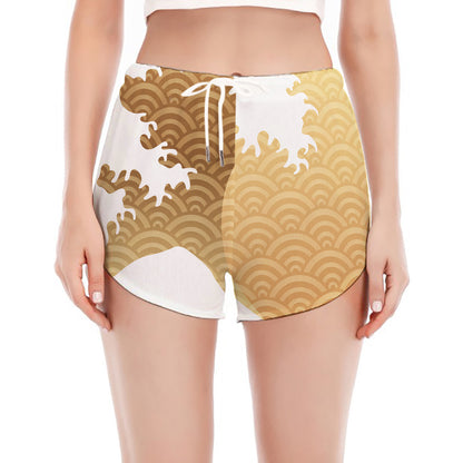 Golden Kanagawa Wave Print Women's Split Running Shorts
