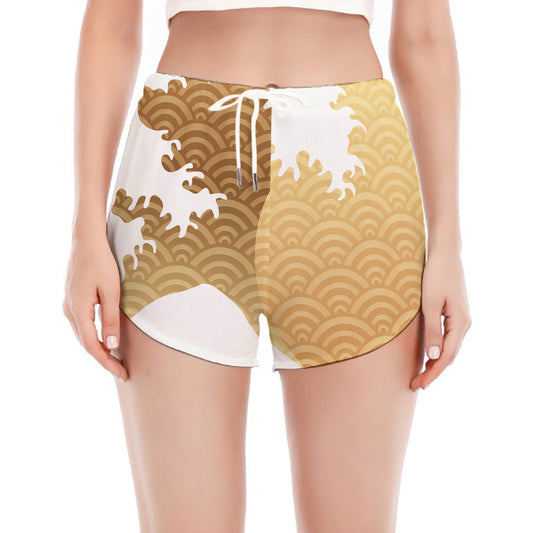 Golden Kanagawa Wave Print Women's Split Running Shorts