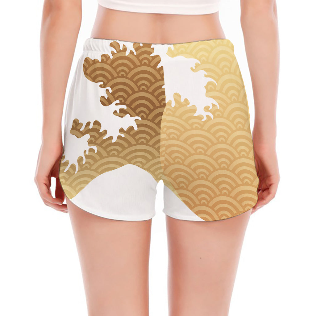 Golden Kanagawa Wave Print Women's Split Running Shorts