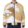 Golden Kanagawa Wave Print Zip Sleeve Bomber Jacket