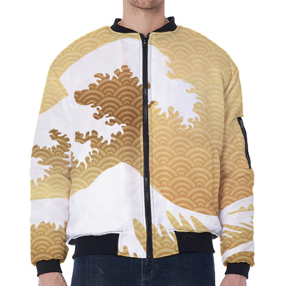 Golden Kanagawa Wave Print Zip Sleeve Bomber Jacket
