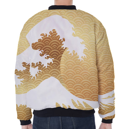 Golden Kanagawa Wave Print Zip Sleeve Bomber Jacket