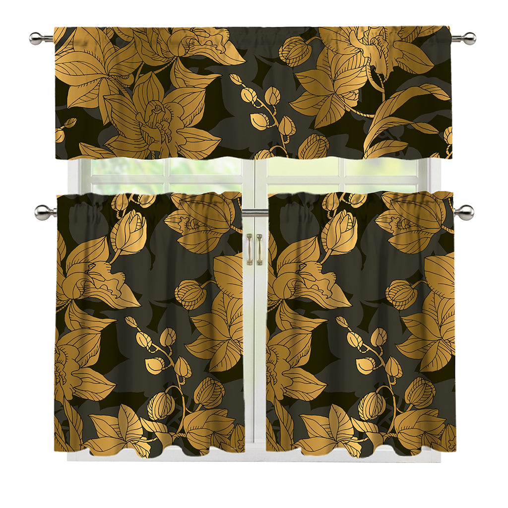 Golden Orchid Pattern Print 3 Piece Kitchen Curtains