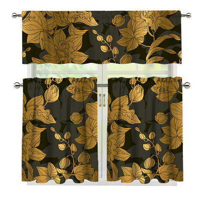 Golden Orchid Pattern Print 3 Piece Kitchen Curtains