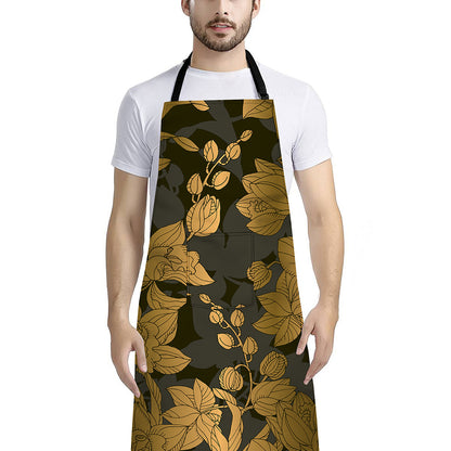 Golden Orchid Pattern Print Bib Apron With Pocket