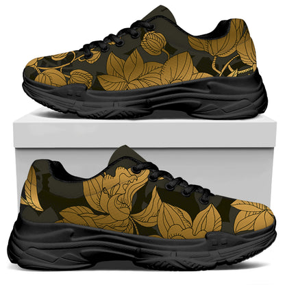 Golden Orchid Pattern Print Black Chunky Shoes