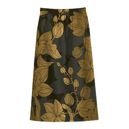 Golden Orchid Pattern Print Cotton Front Slit Maxi Skirt