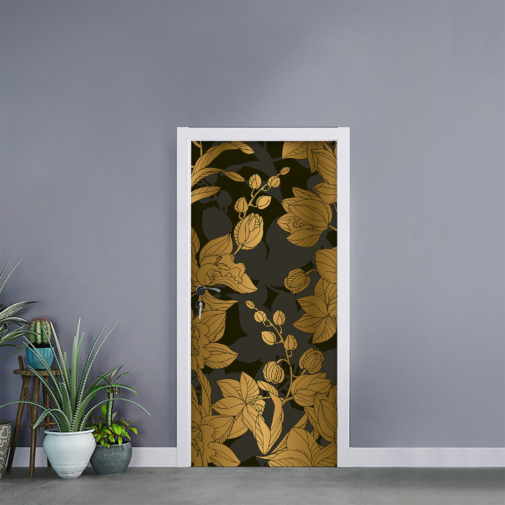 Golden Orchid Pattern Print Door Sticker